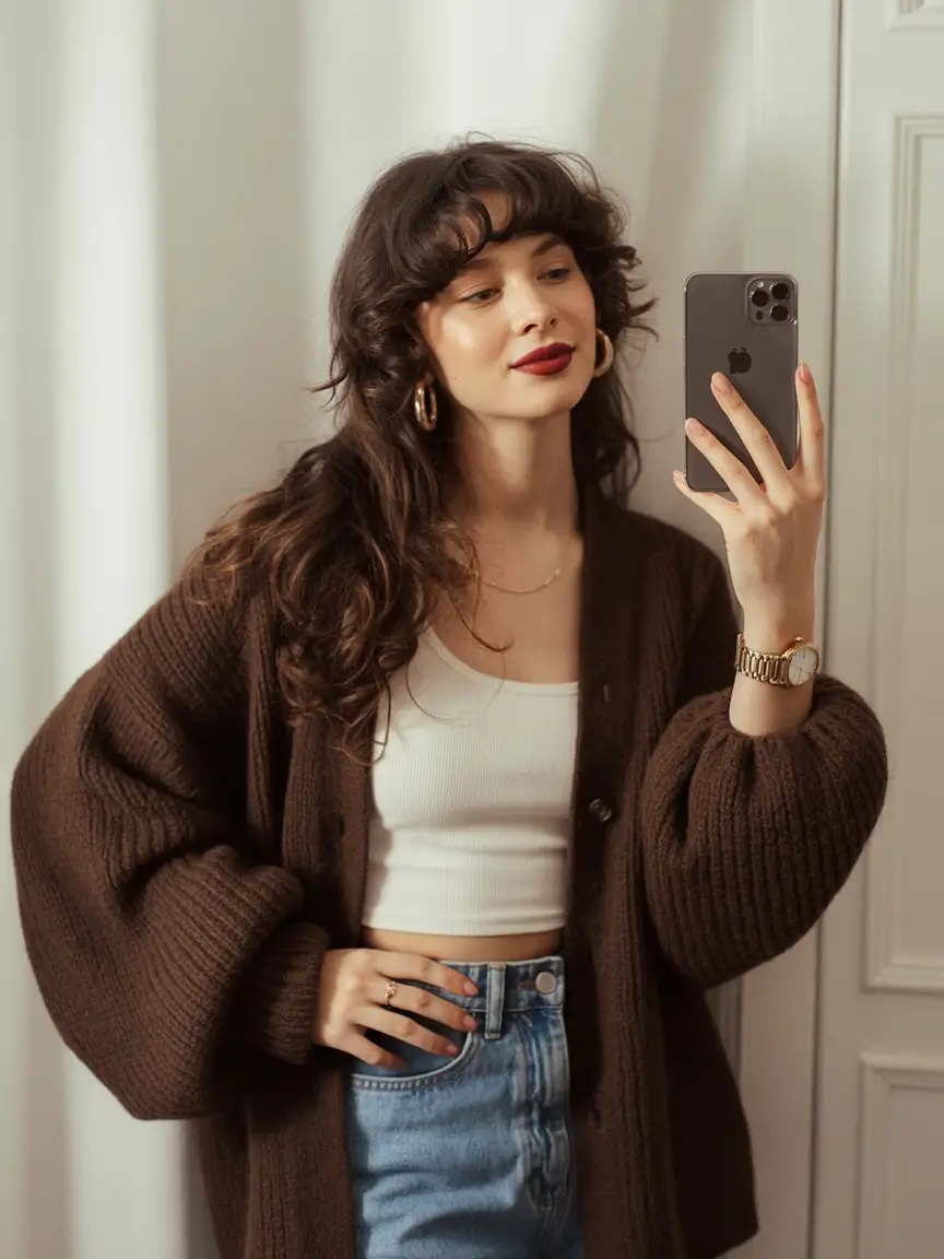 Outfits Aesthetic for Winter 2025 - 2026 Brown Cardigan with Denim Ease