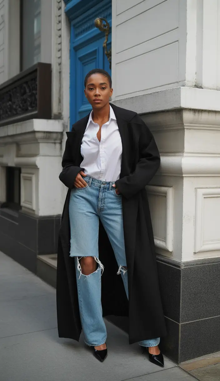 Outfits for Black Girl Winter ideas 2025 2026 Classic Black Coat Meets Effortless Denim