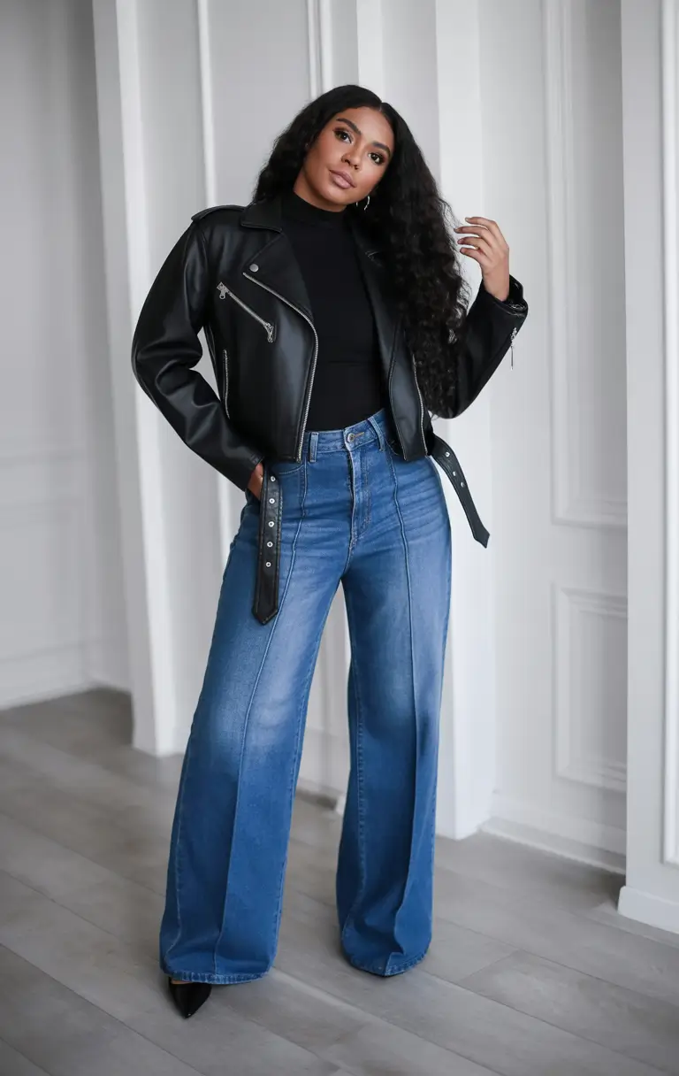 Outfits for Black Girl Winter ideas 2025 2026 Leather Jacket Cool with Wide Denim