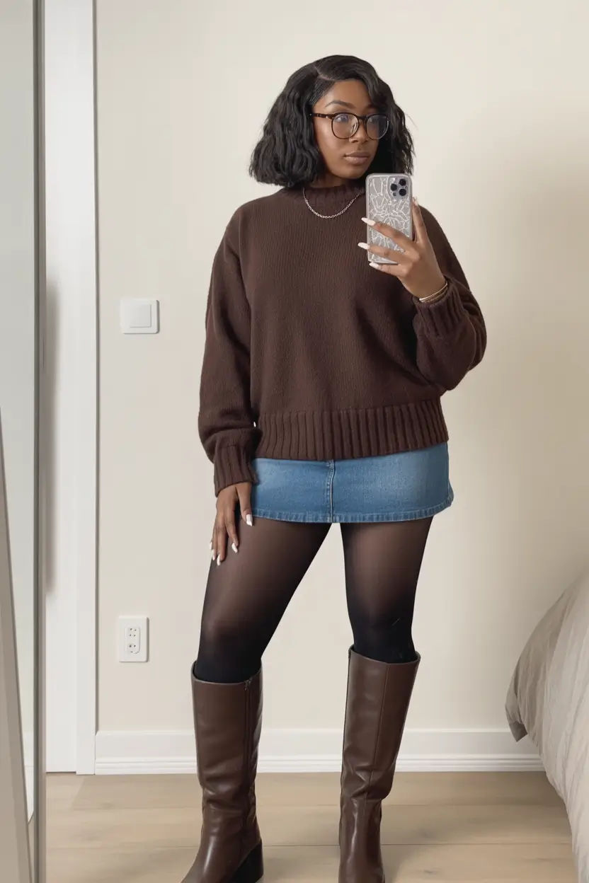 Outfits for Black Girl Winter ideas 2025 2026 Mini Skirt with Boots Balance