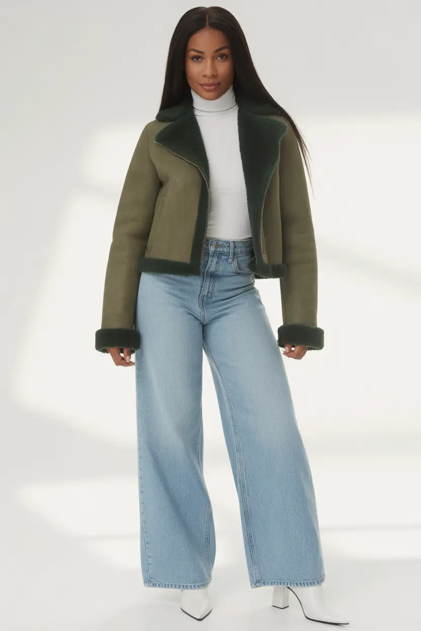 Outfits for Black Girl Winter ideas 2025 2026 Shearling Green Jacket with Wide-Leg Denim
