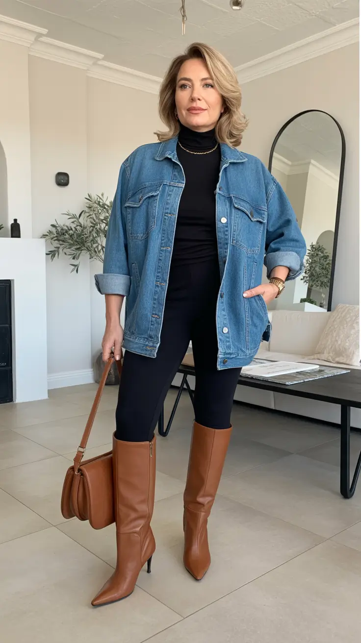 Outfits for Women Over 50: Winter 2025 / 2026 Cognac Boots, Black Column, Oversized Denim