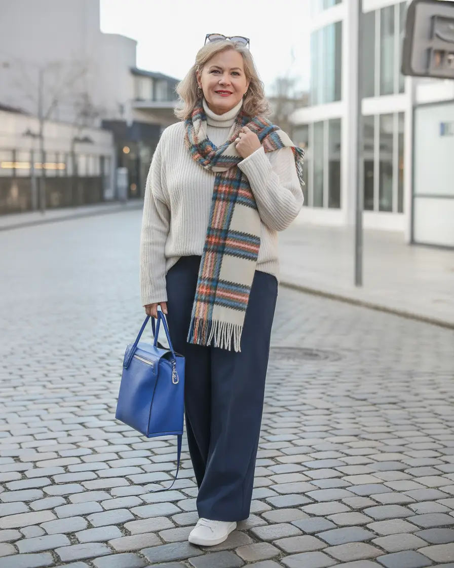 Outfits for Women Over 50: Winter 2025 / 2026 Cream Turtleneck with Plaid Scarf