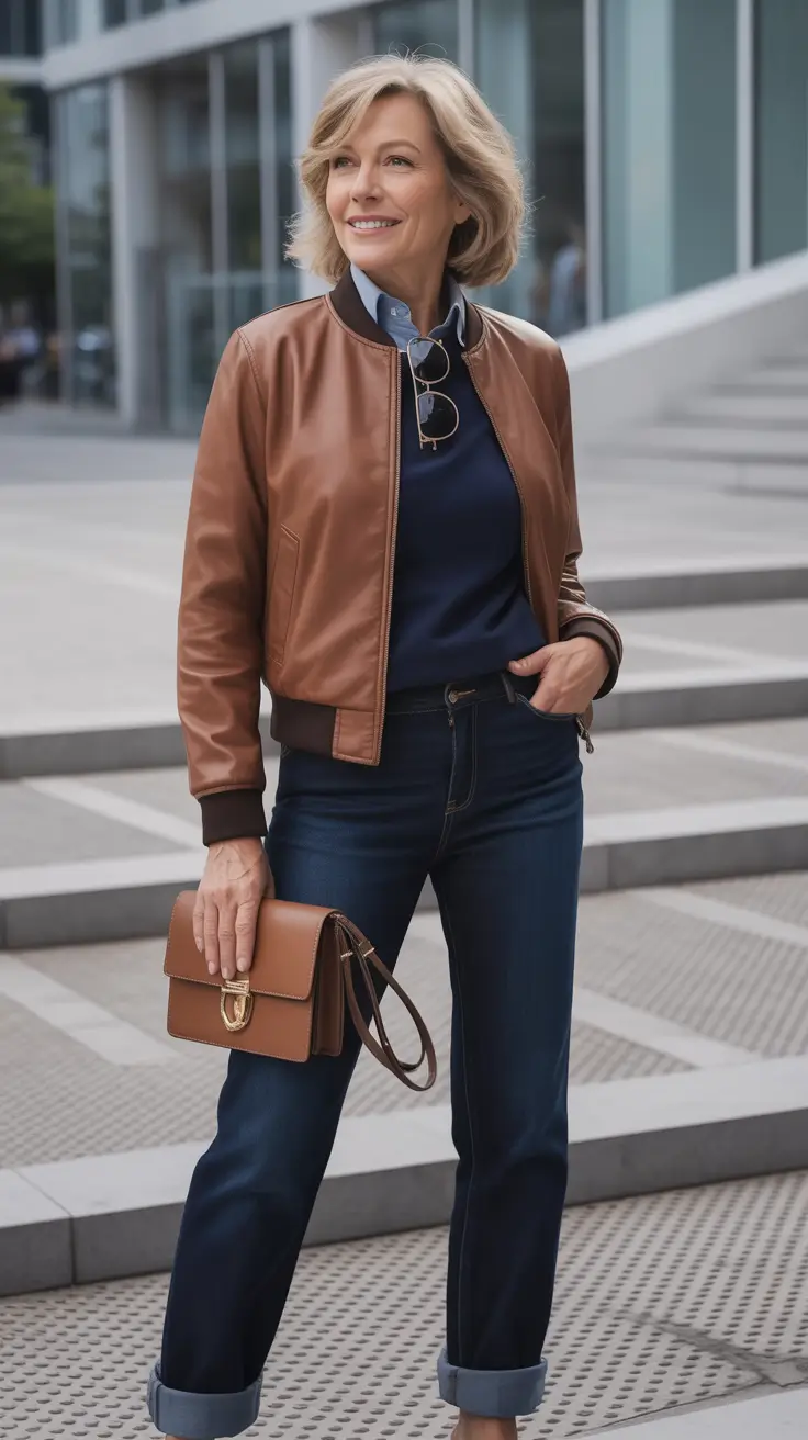 Outfits for Women Over 50: Winter 2025 / 2026 Leather Bomber with Dark Denim