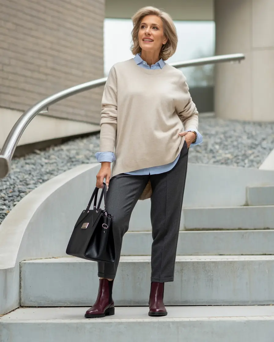 Outfits for Women Over 50: Winter 2025 / 2026 Relaxed Neutrals with a Pop of Burgundy