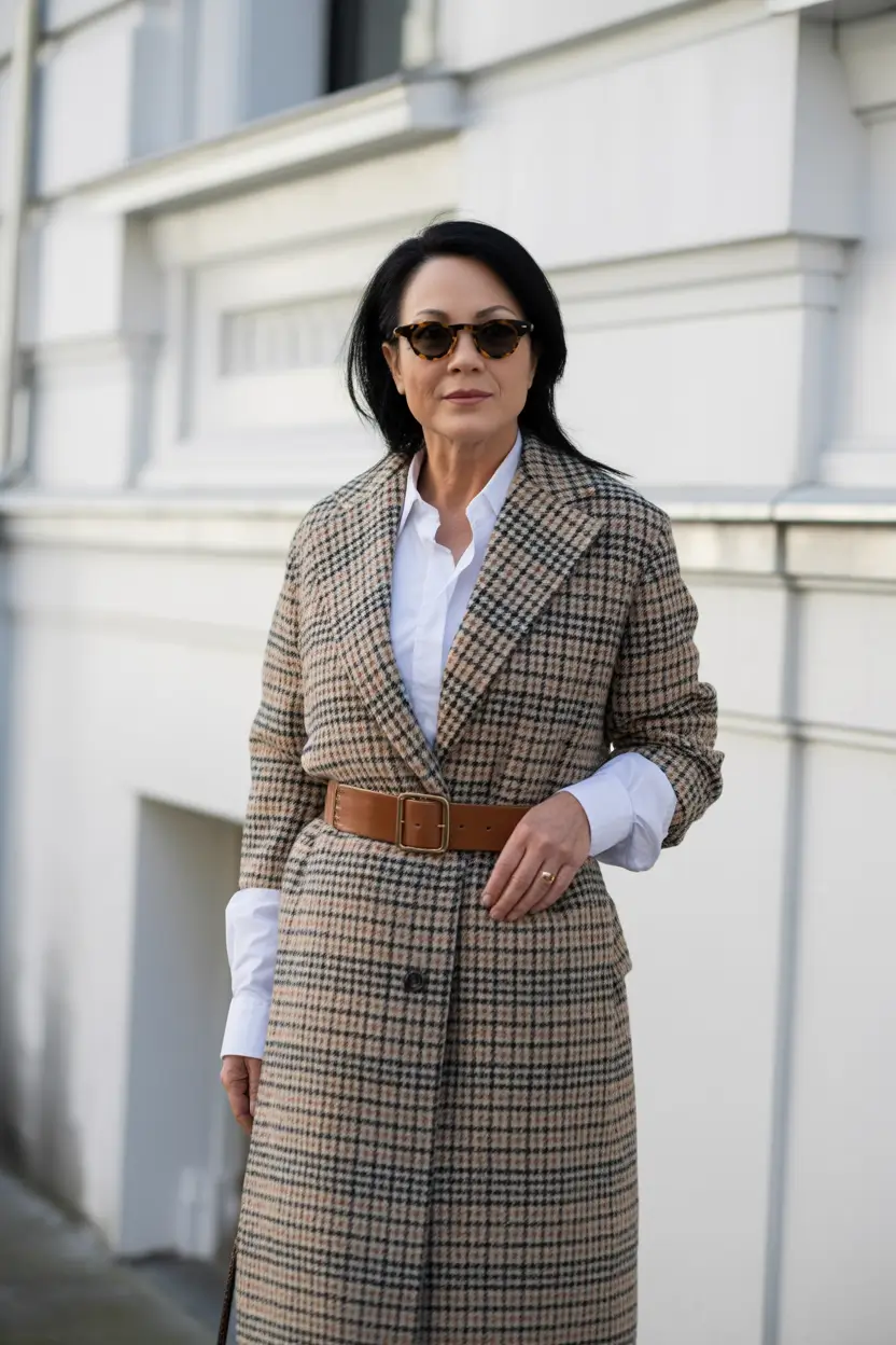Outfits for Women Over 50: Winter 2025 / 2026 Belted Check Coat with White Shirt