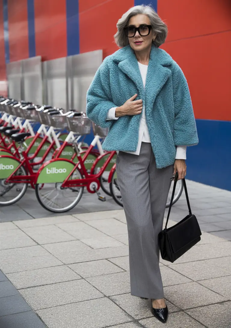 Outfits for Women Over 50: Winter 2025 / 2026 Blue Teddy Coat with Grey Trousers