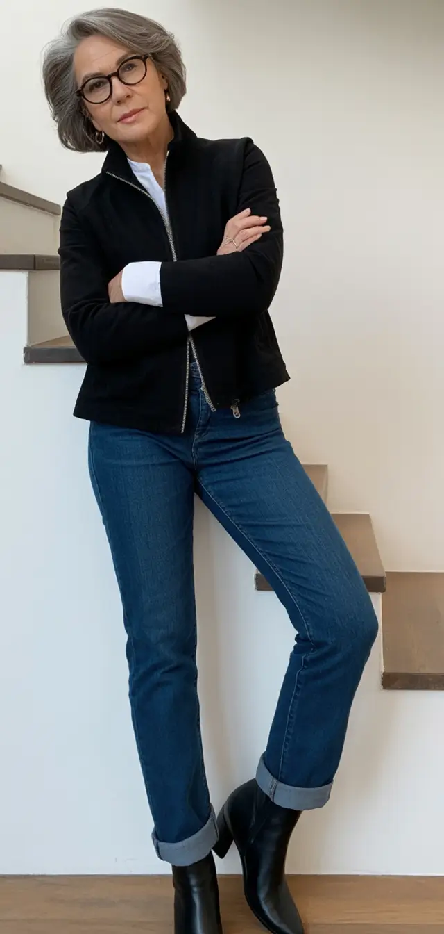 Outfits for Women Over 50: Winter 2025 / 2026 Black Jacket with Cuffed Denim