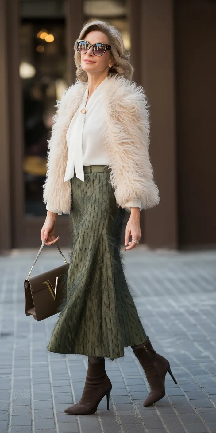 Outfits for Women Over 50: Winter 2025 / 2026 Feathered Glam with Olive Midi Skirt