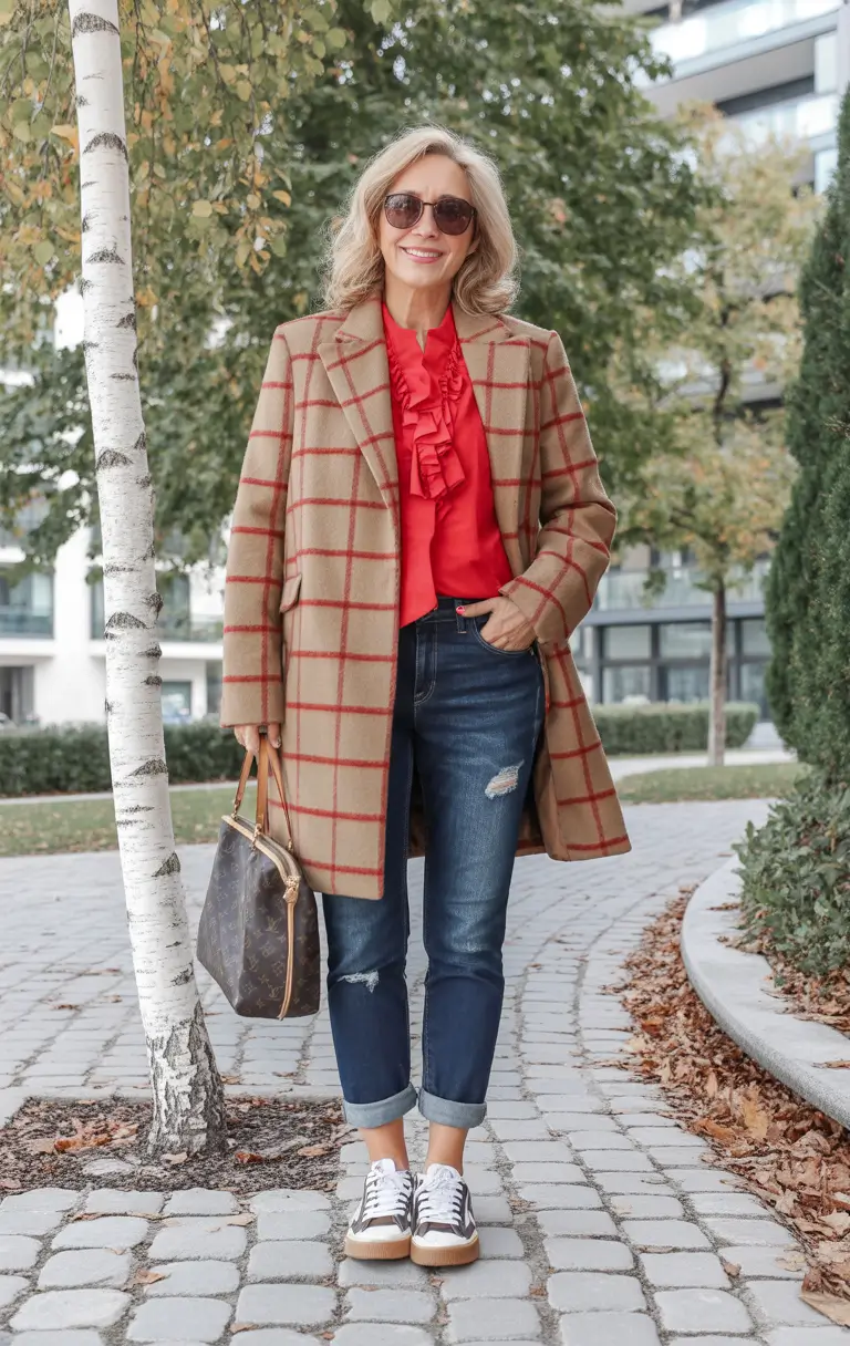 Outfits for Women Over 50: Winter 2025 / 2026 Red Ruffles with Windowpane Coat
