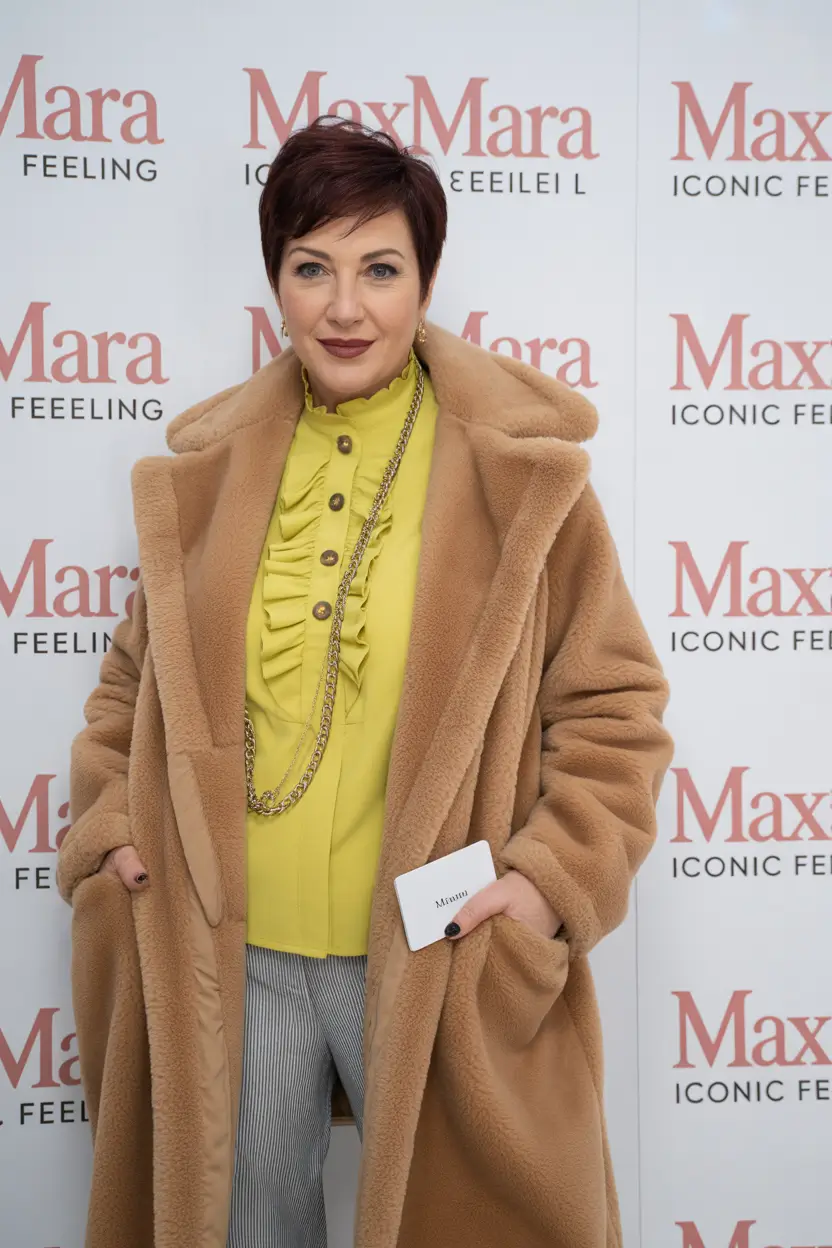 Outfits for Women Over 50: Winter 2025 / 2026 Camel Coat with Chartreuse Blouse