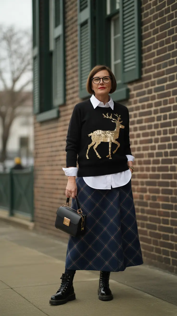 Outfits for Women Over 50: Winter 2025 / 2026 Plaid Midi, Holiday Knit, and Lug-Sole Boots