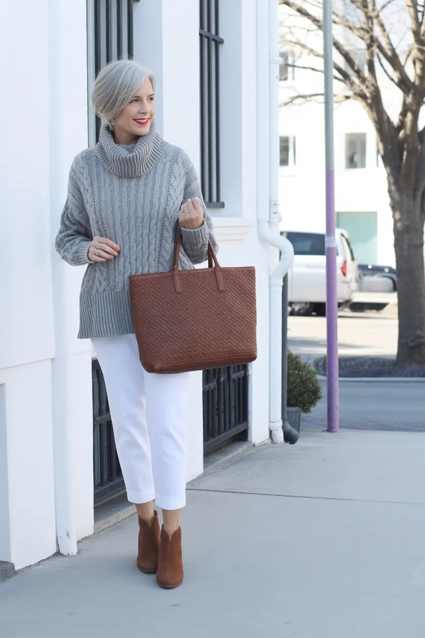 Outfits for Women Over 50: Winter 2025 / 2026 Winter Whites with a Cable Turtleneck