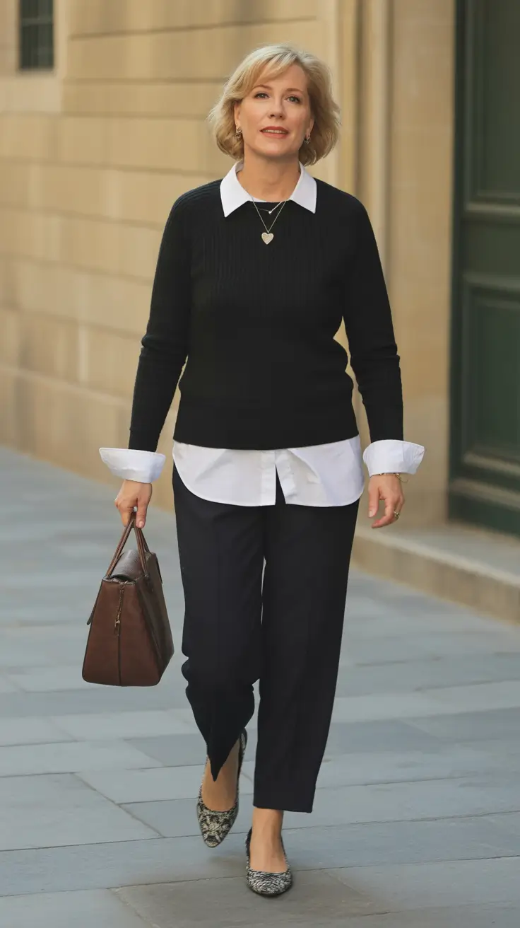 Outfits for Women Over 50: Winter 2025 / 2026 Black and White Layers with Cropped Trousers