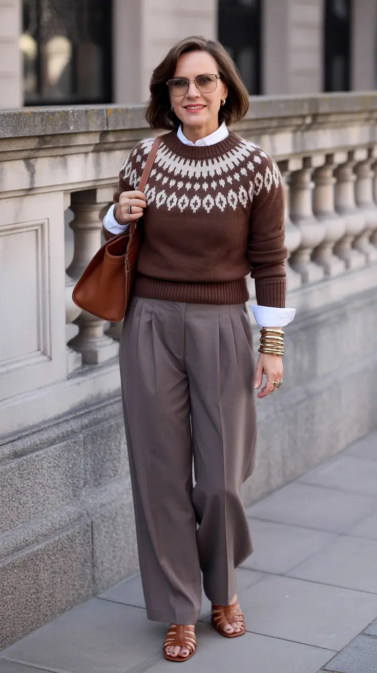Outfits for Women Over 50: Winter 2025 / 2026 Fair Isle Sweater with Wide-Leg Trousers
