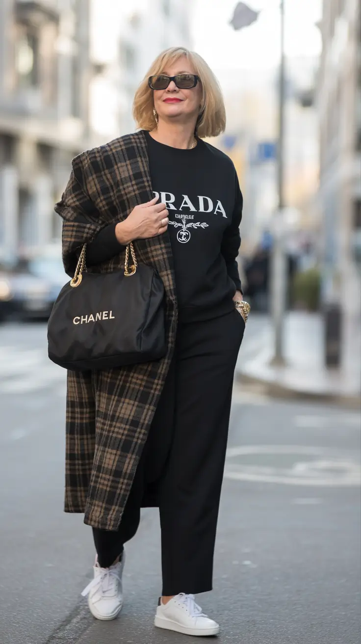 Outfits for Women Over 50: Winter 2025 / 2026 Logo Sweatshirt and Plaid Coat