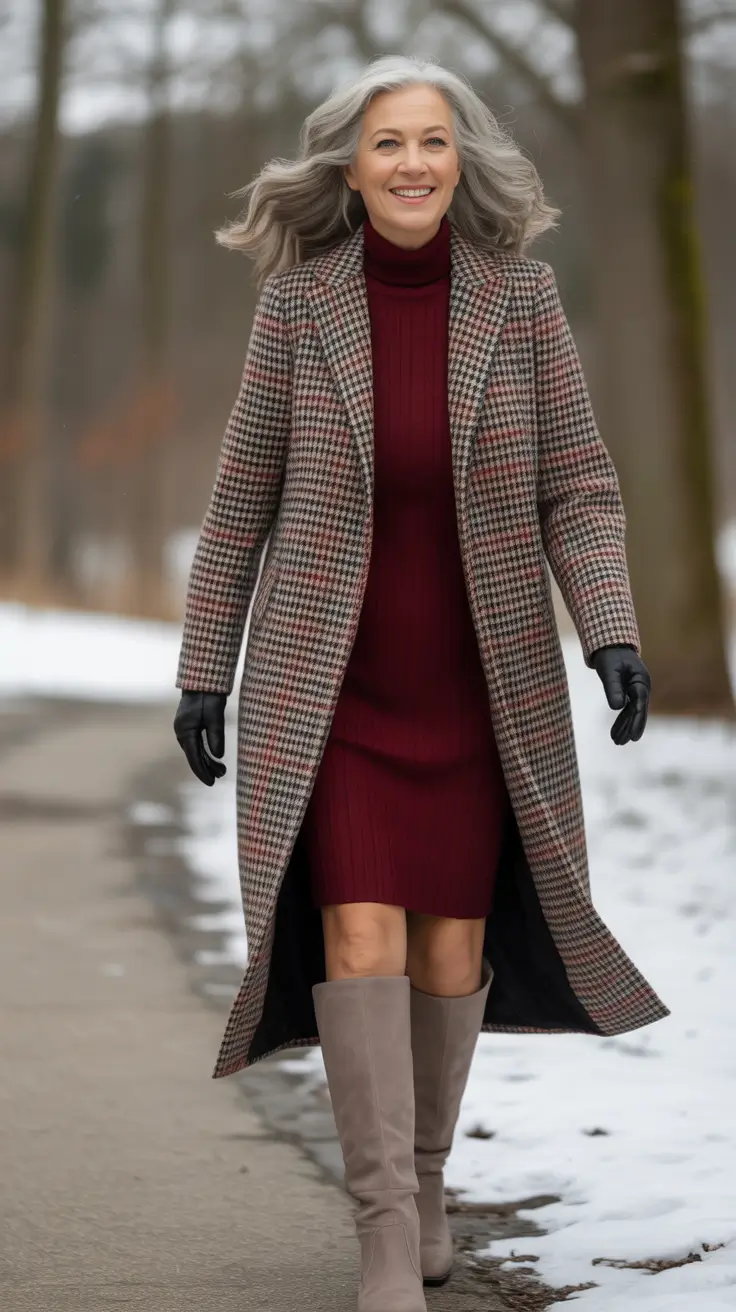 Outfits for Women Over 50: Winter 2025 / 2026 Burgundy Knit Dress with Check Coat