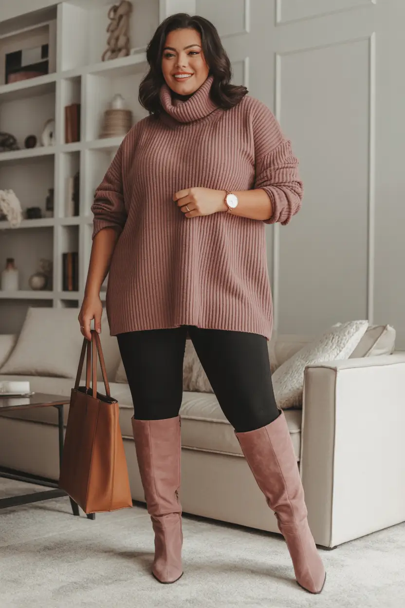Plus Size Outfits for Winter 2025 / 2026 Muted Rose Turtleneck Power
