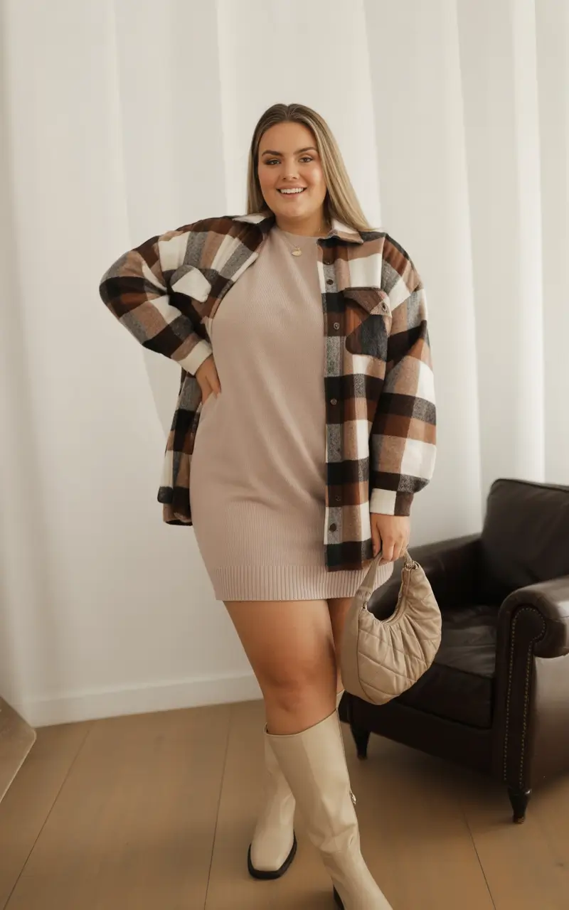 Plus Size Outfits for Winter 2025 / 2026 Cozy Plaid and Knit Dress Combo