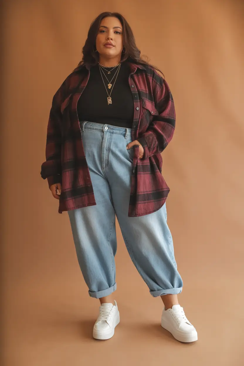 Plus Size Outfits for Winter 2025 / 2026 Relaxed Plaid with Denim Edge