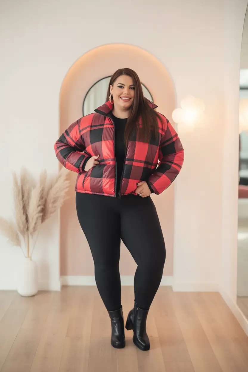 Plus Size Outfits for Winter 2025 / 2026 Classic Plaid Puff for Cold Days