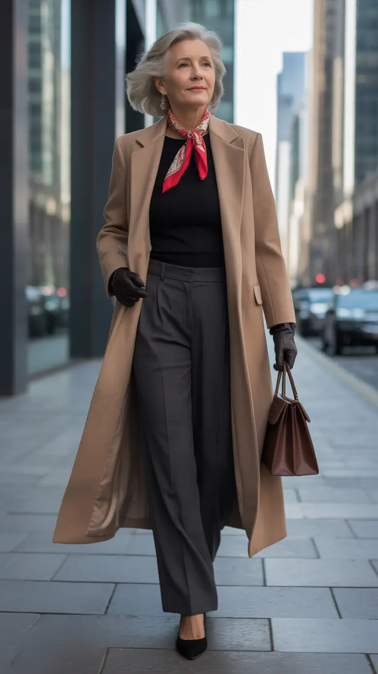 Stylish for Women Over 60 Winter Outfit 2025–2026 Classic Camel Coat With a Bold Accent