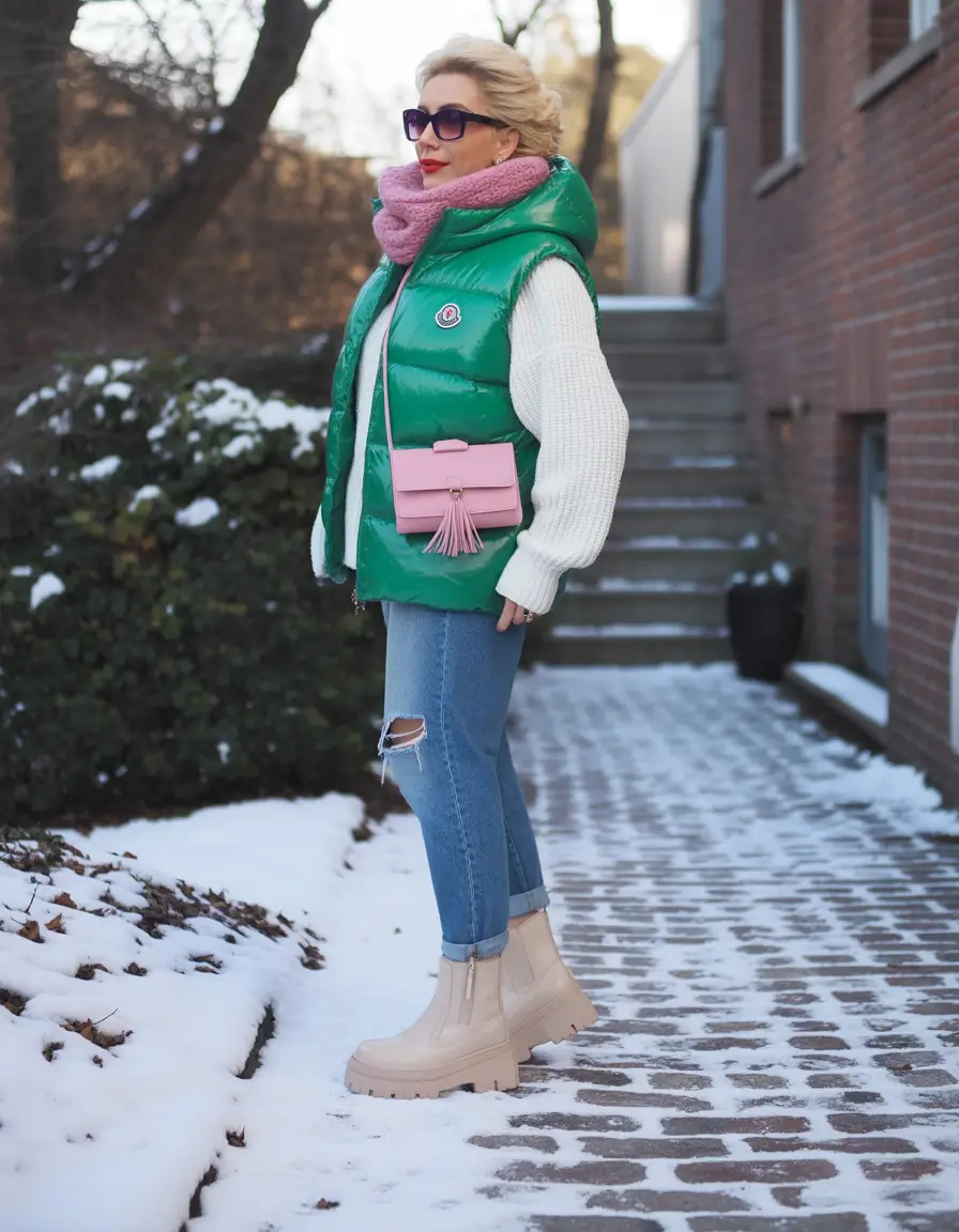 Stylish for Women Over 60 Winter Outfit 2025-2026 Playful Pops of Color in the Snow