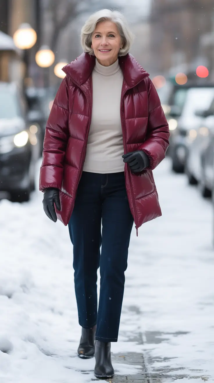 Stylish for Women Over 60 Winter Outfit 2025-2026 Burgundy Puffer With Denim