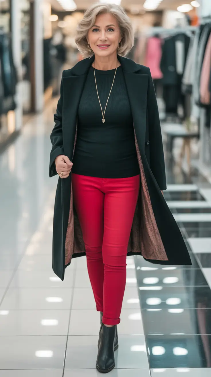 Stylish for Women Over 60 Winter Outfit 2025-2026 Bold Red Pants and Black Elegance