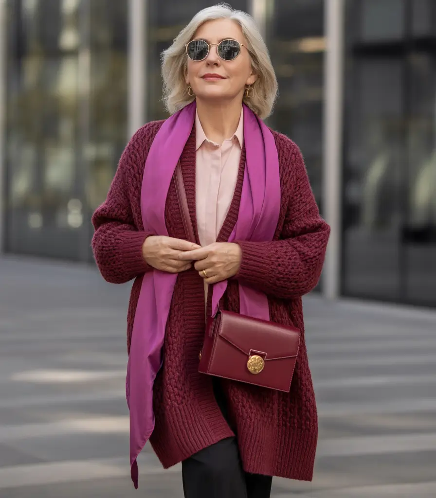 Stylish for Women Over 60 Winter Outfit 2025-2026 Berry Tones With a Pop of Fuchsia