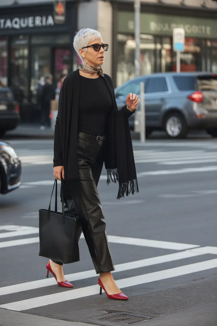 Stylish for Women Over 60 Winter Outfit 2025–2026 Leather Pants With a Touch of Red