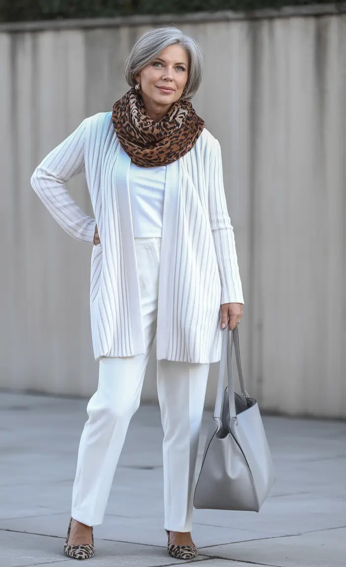 Stylish for Women Over 60 Winter Outfit 2025-2026 Winter White With Leopard Accents