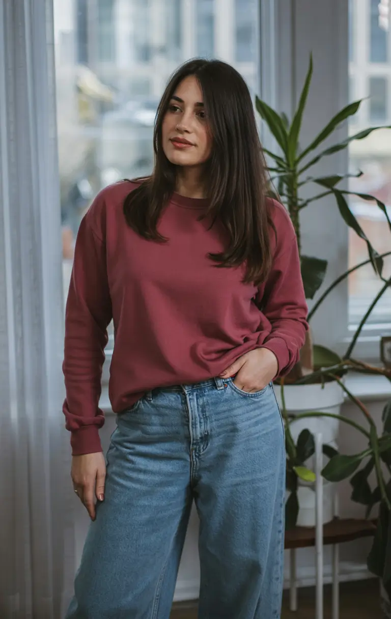 Trendy Outfit for Winter 2025 / 2026 Relaxed Denim and Burgundy Warmth