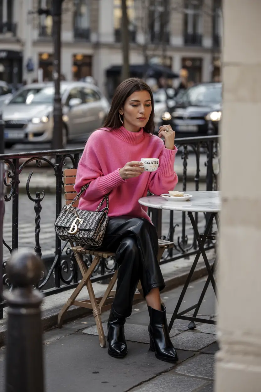 Trendy Outfit for Winter 2025 / 2026 Hot Pink Knit with Leather Pants