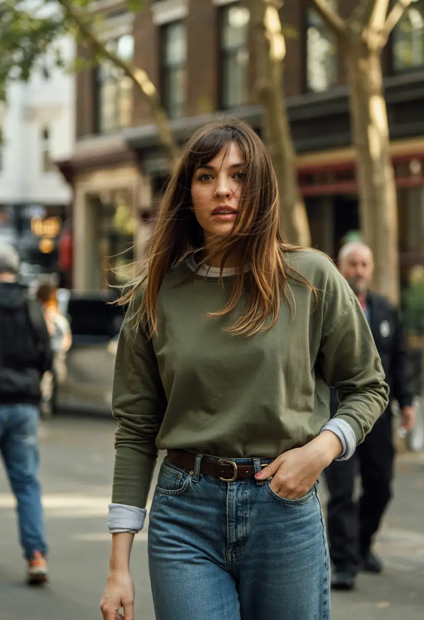 Trendy Outfit for Winter 2025 / 2026 Khaki Sweatshirt with Classic Denim
