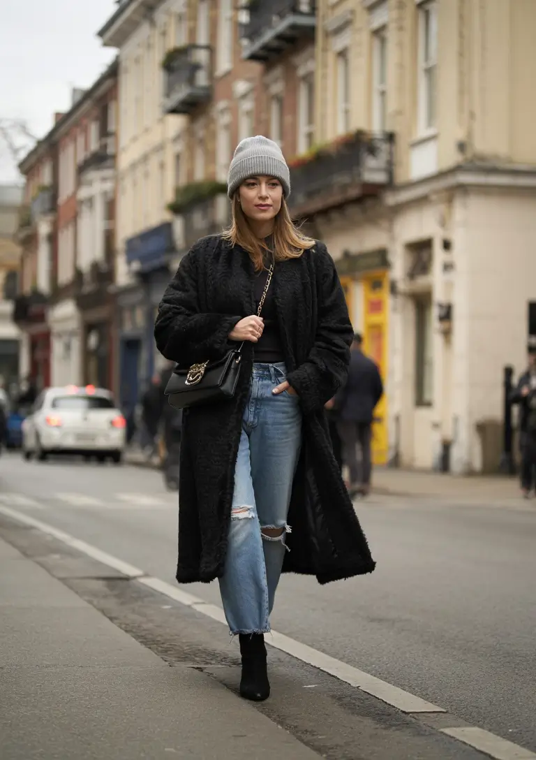 Trendy Outfit for Winter 2025 / 2026 Long Black Coat with Ripped Denim