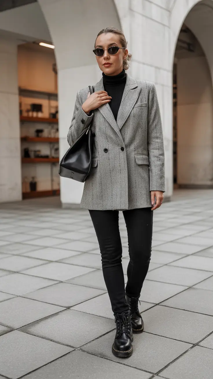 Trendy Outfit for Winter 2025 / 2026 Grey Blazer and Black Skinny Jeans