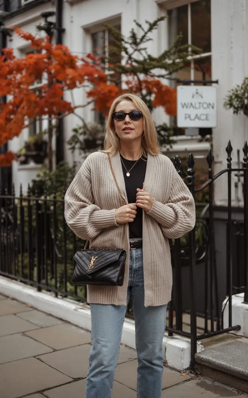 Trendy Outfit for Winter 2025 / 2026 Neutral Cardigan with Light Denim