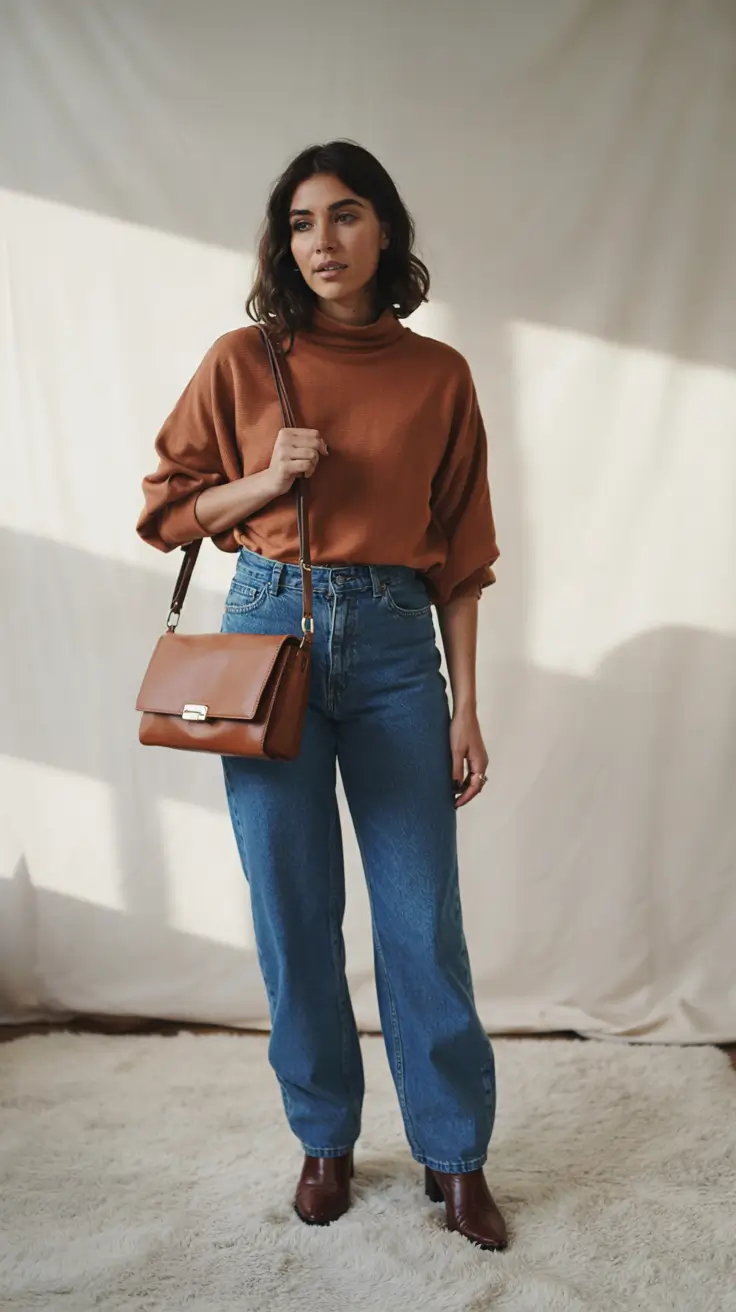 Trendy Outfit for Winter 2025 / 2026 Rust Knit with Straight Denim