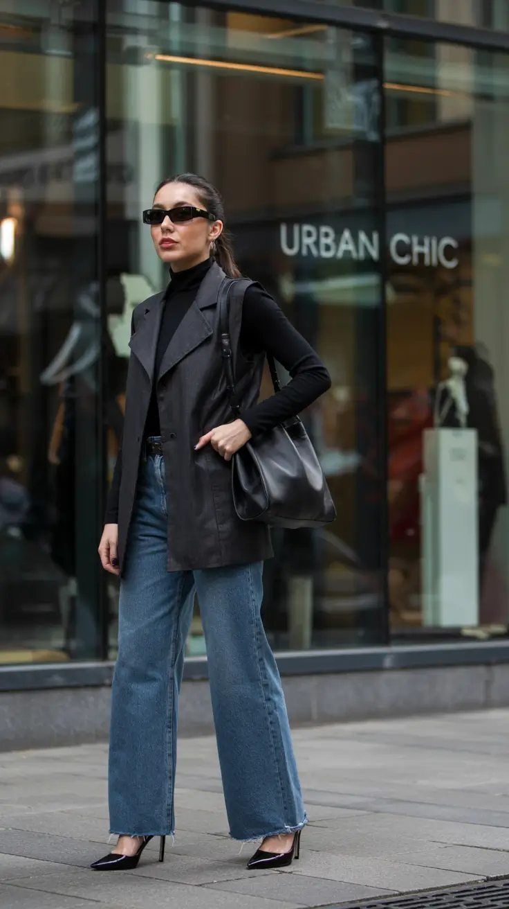 Trendy Outfit for Winter 2025 / 2026 Sharp Leather Vest with Wide Denim
