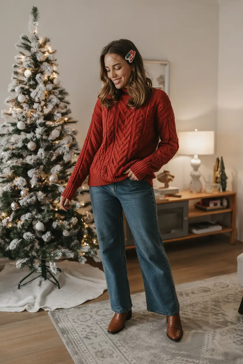 Trendy Outfit for Winter 2025 / 2026 Festive Knit with Straight Denim