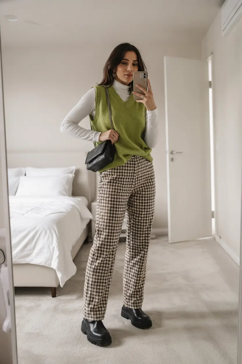 Trendy Outfit for Winter 2025 / 2026 Green Knit Vest with Checkered Pants