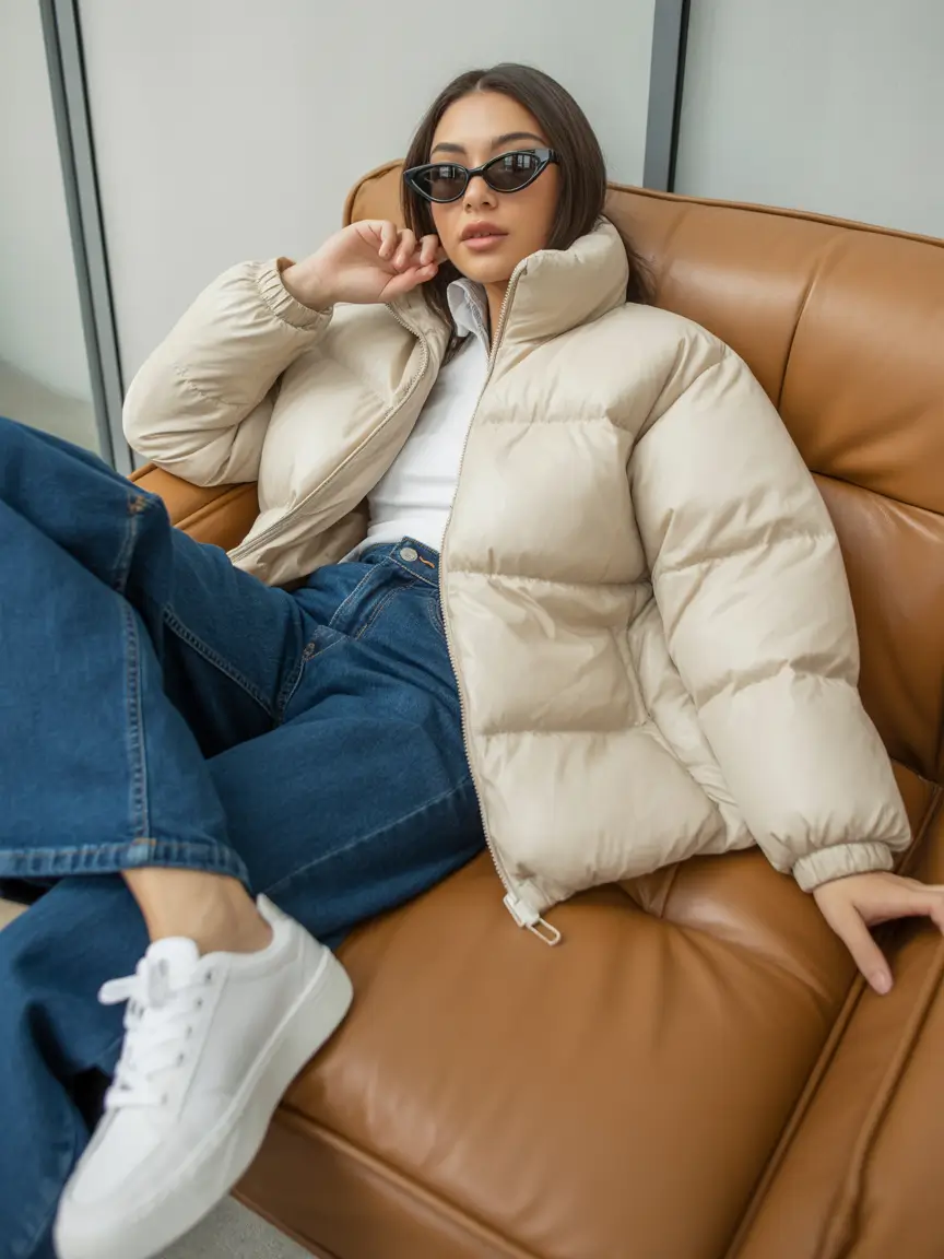 Trendy Winter 2025 - 2026 Puffer Jacket Outfit Effortless Beige Street Chic