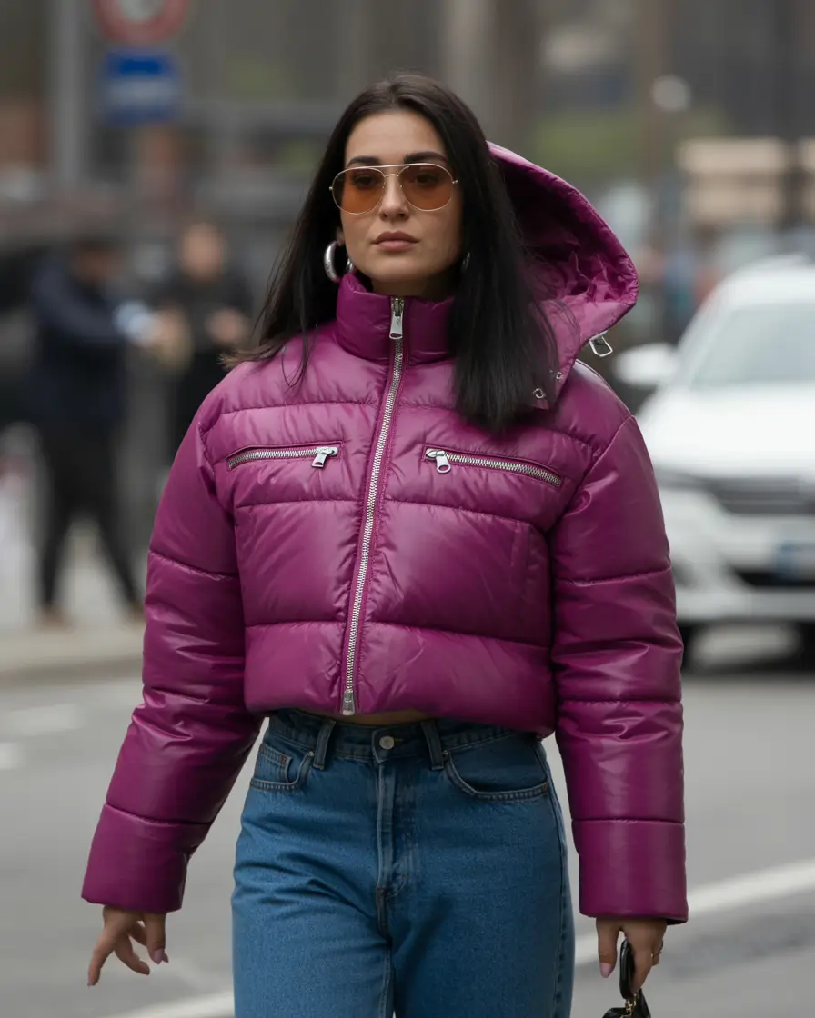 Trendy Winter 2025 - 2026 Puffer Jacket Outfit Berry-Toned Urban Edge