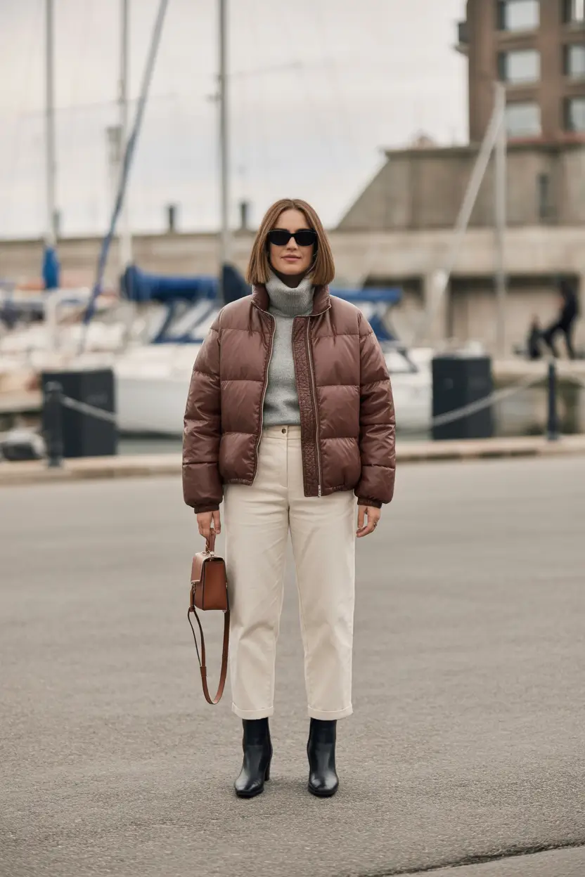 Trendy Winter 2025 - 2026 Puffer Jacket Outfit Brown Neutral Elegance