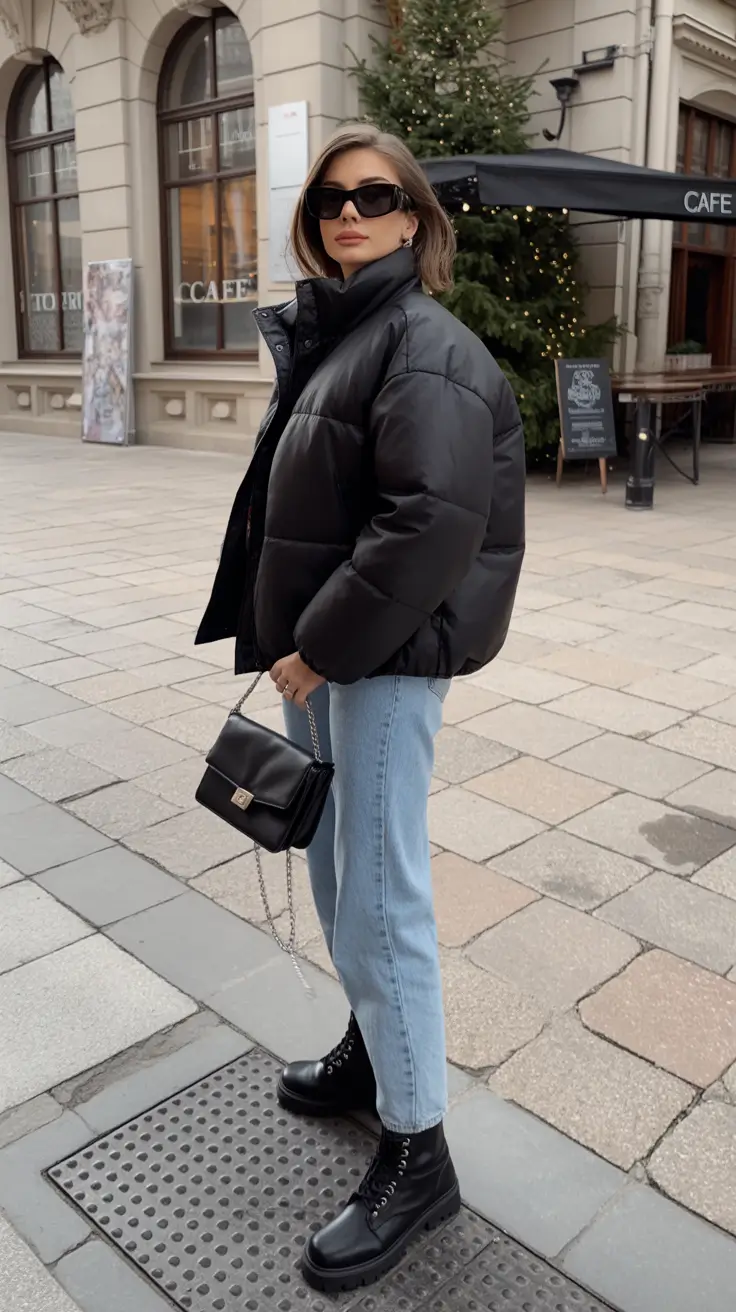 Trendy Winter 2025 - 2026 Puffer Jacket Outfit Black and Blue Urban Minimalism