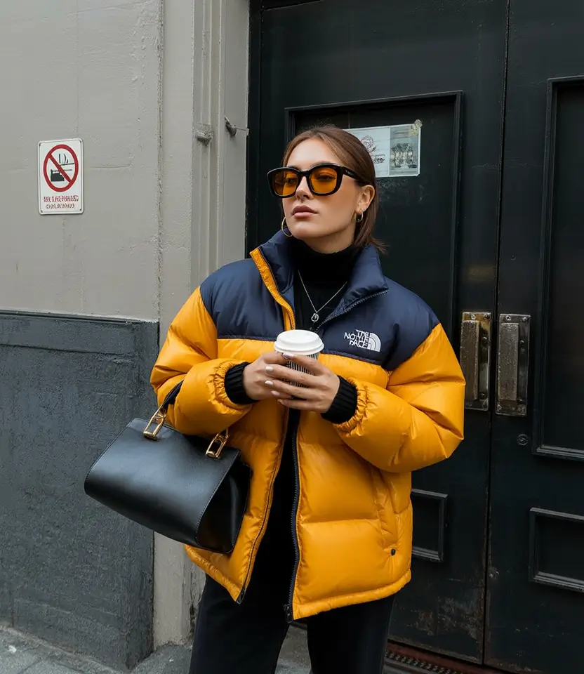 Trendy Winter 2025 - 2026 Puffer Jacket Outfit Yellow and Navy North Face Energy