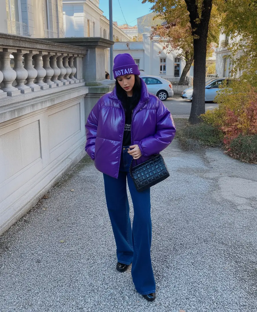 Trendy Winter 2025 - 2026 Puffer Jacket Outfit Purple Monochrome Attitude