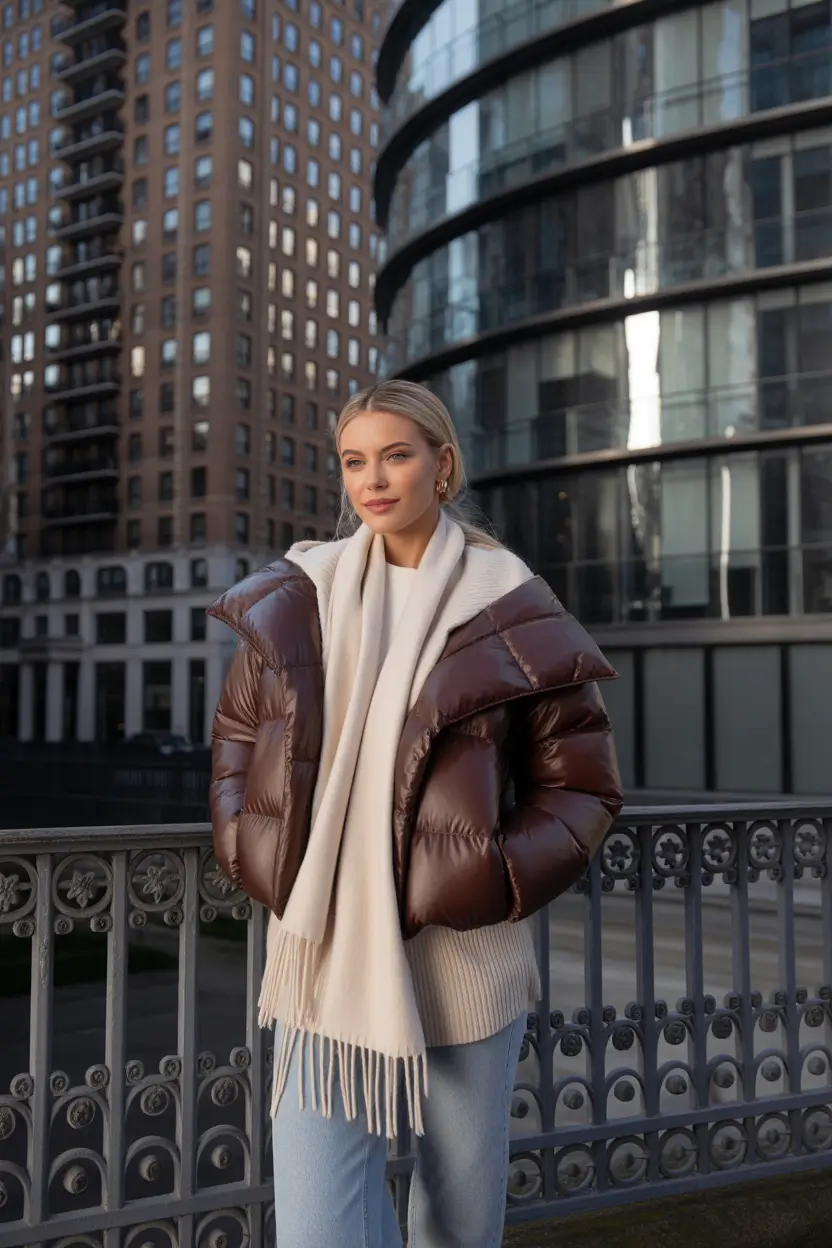 Trendy Winter 2025 - 2026 Puffer Jacket Outfit Polished Brown and Cream Harmony