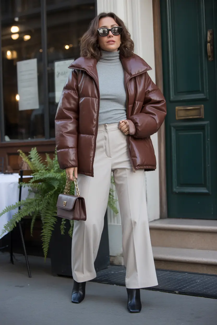 Trendy Winter 2025 - 2026 Puffer Jacket Outfit Structured Brown Elegance
